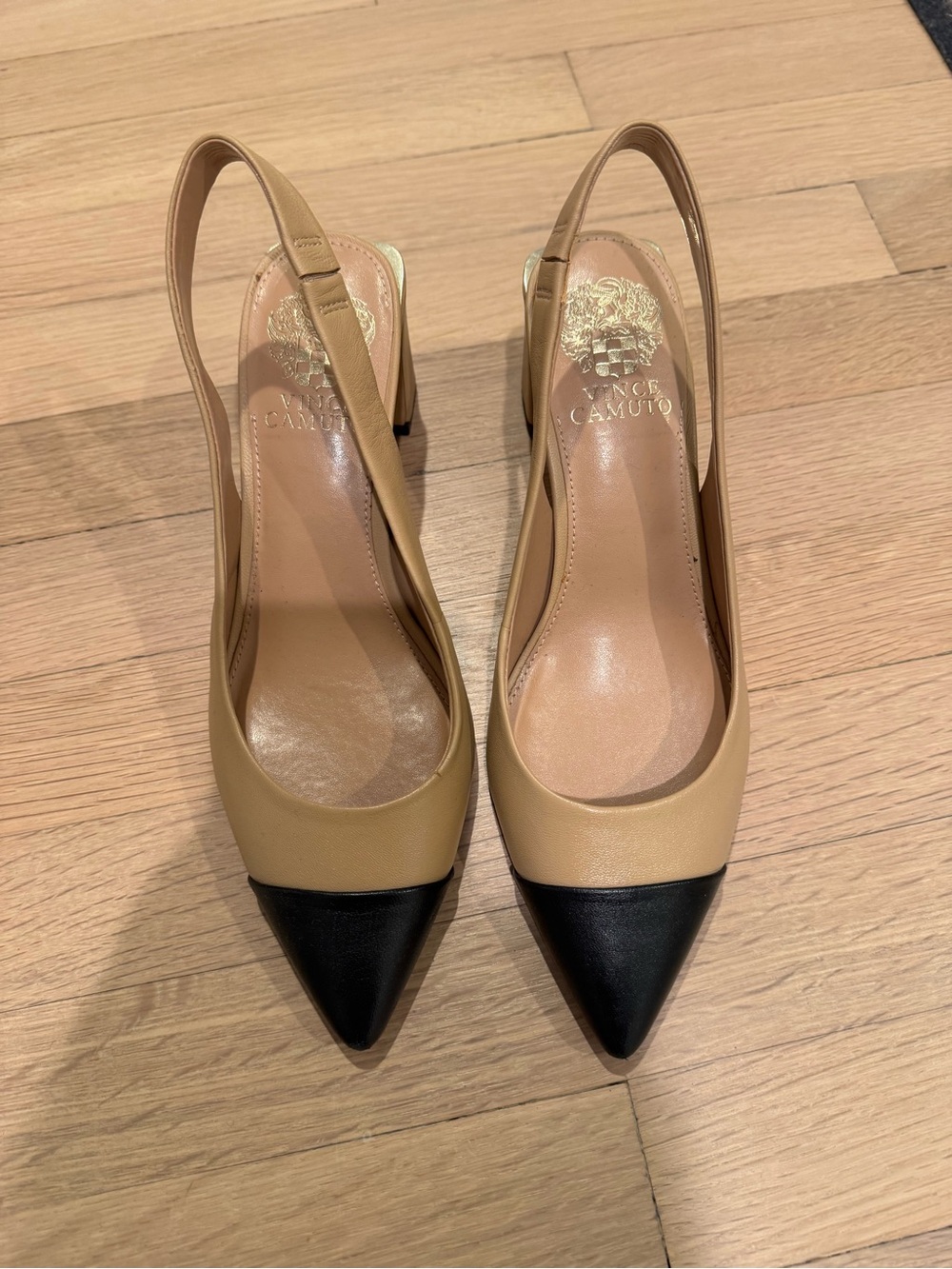 Vince Camuto Tan and Black Pointed Toe Slingback Heels